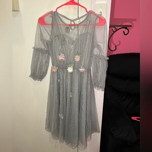 🦋 Mesh Sheer See-Through Cottage Core Gray Dress with Flowers